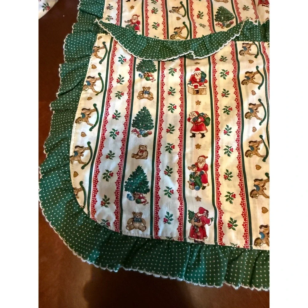 Vintage Christmas Pinafore Apron Santa Tree Teddy Bear Ruffle Green Polka Dot